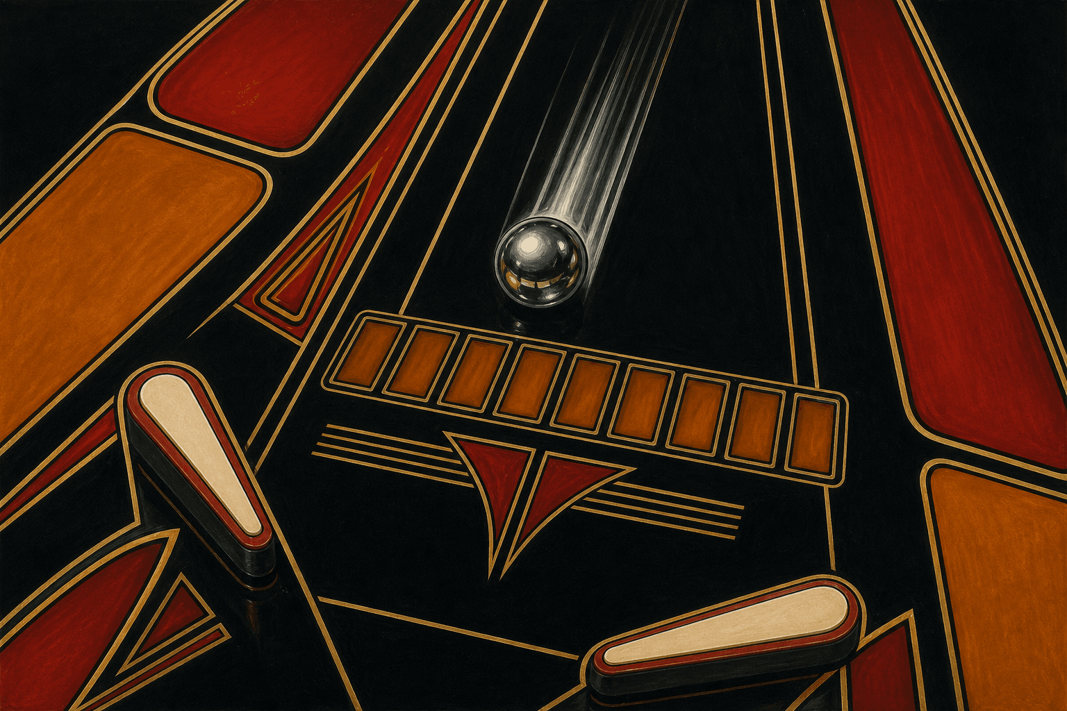 A hand-painted pinball playfield with a chrome ball falling past gold pinstripes.